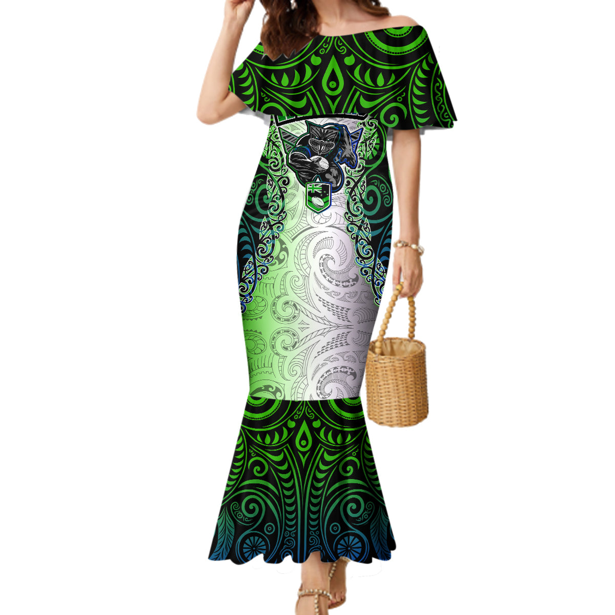 Personalised New Zealand Warriors Family Matching Mermaid Dress and Hawaiian Shirt Maori Silver Fern Green DT02 Mom's Dress Green - Polynesian Pride