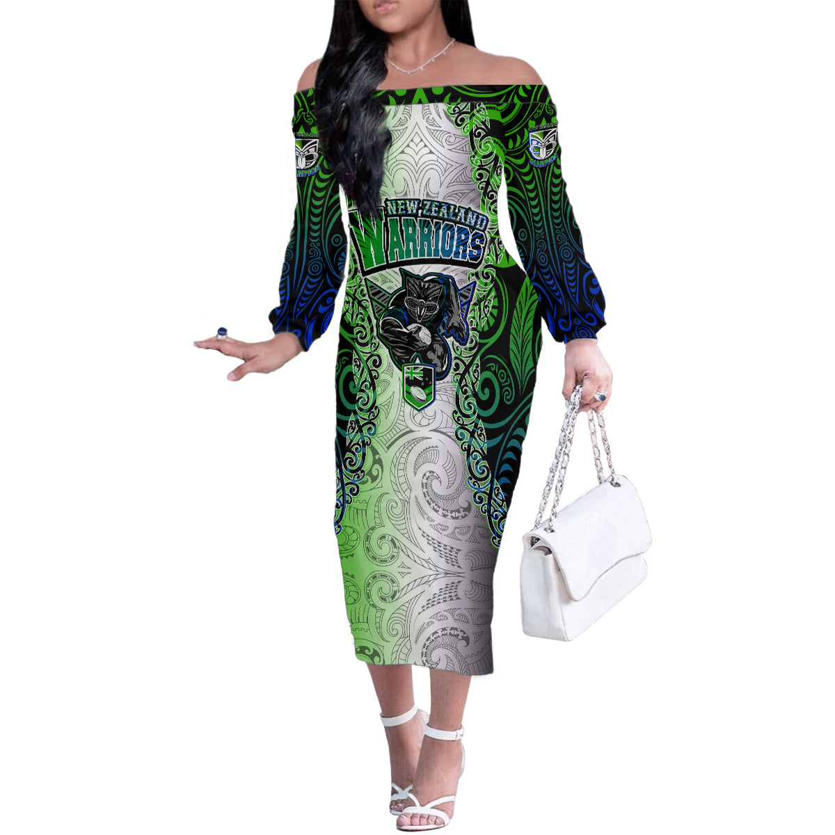 Personalised New Zealand Warriors Family Matching Off Shoulder Long Sleeve Dress and Hawaiian Shirt Maori Silver Fern Green DT02 Mom's Dress Green - Polynesian Pride