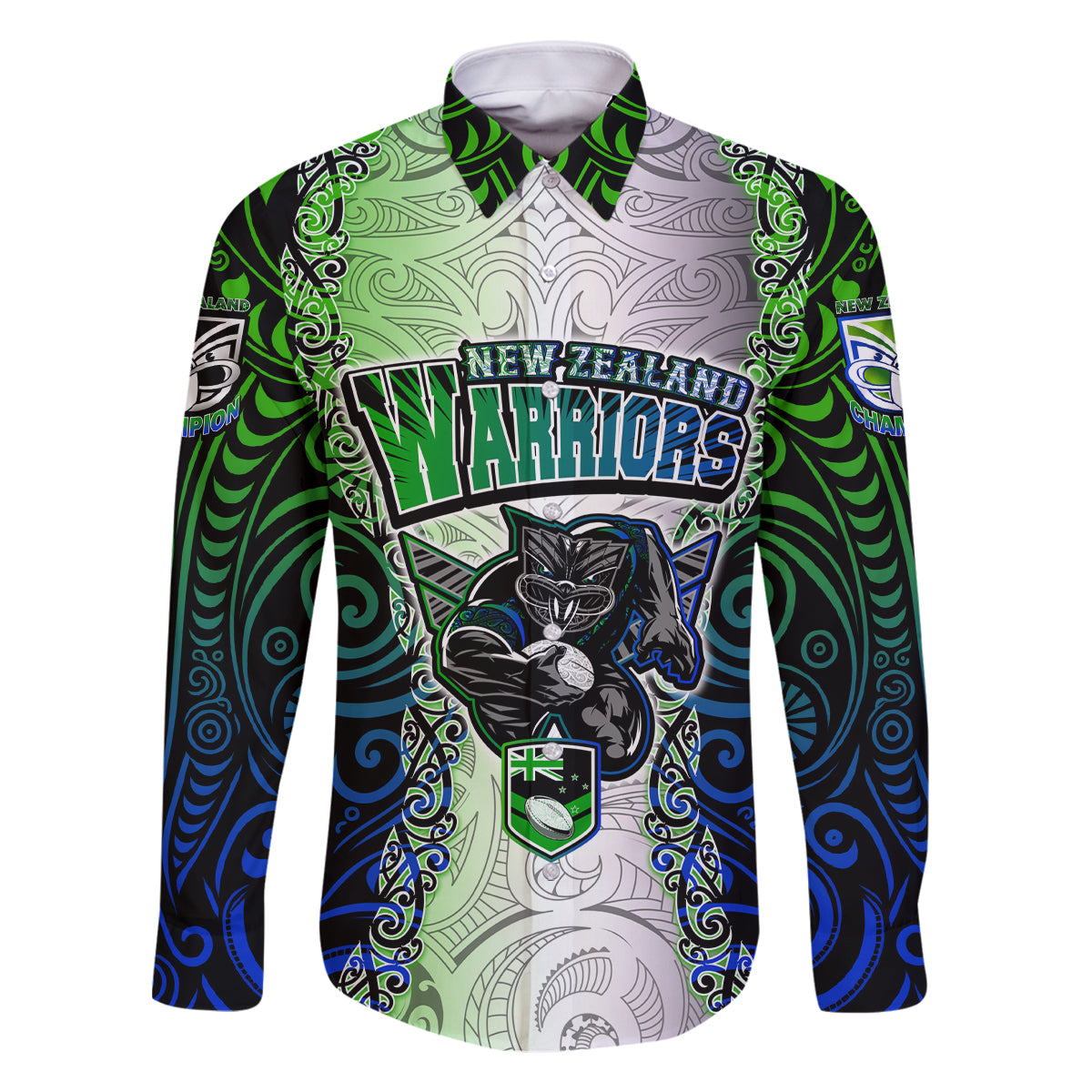 Personalised New Zealand Warriors Family Matching Off Shoulder Short Dress and Hawaiian Shirt Maori Silver Fern Green DT02 Dad's Shirt - Long Sleeve Green - Polynesian Pride