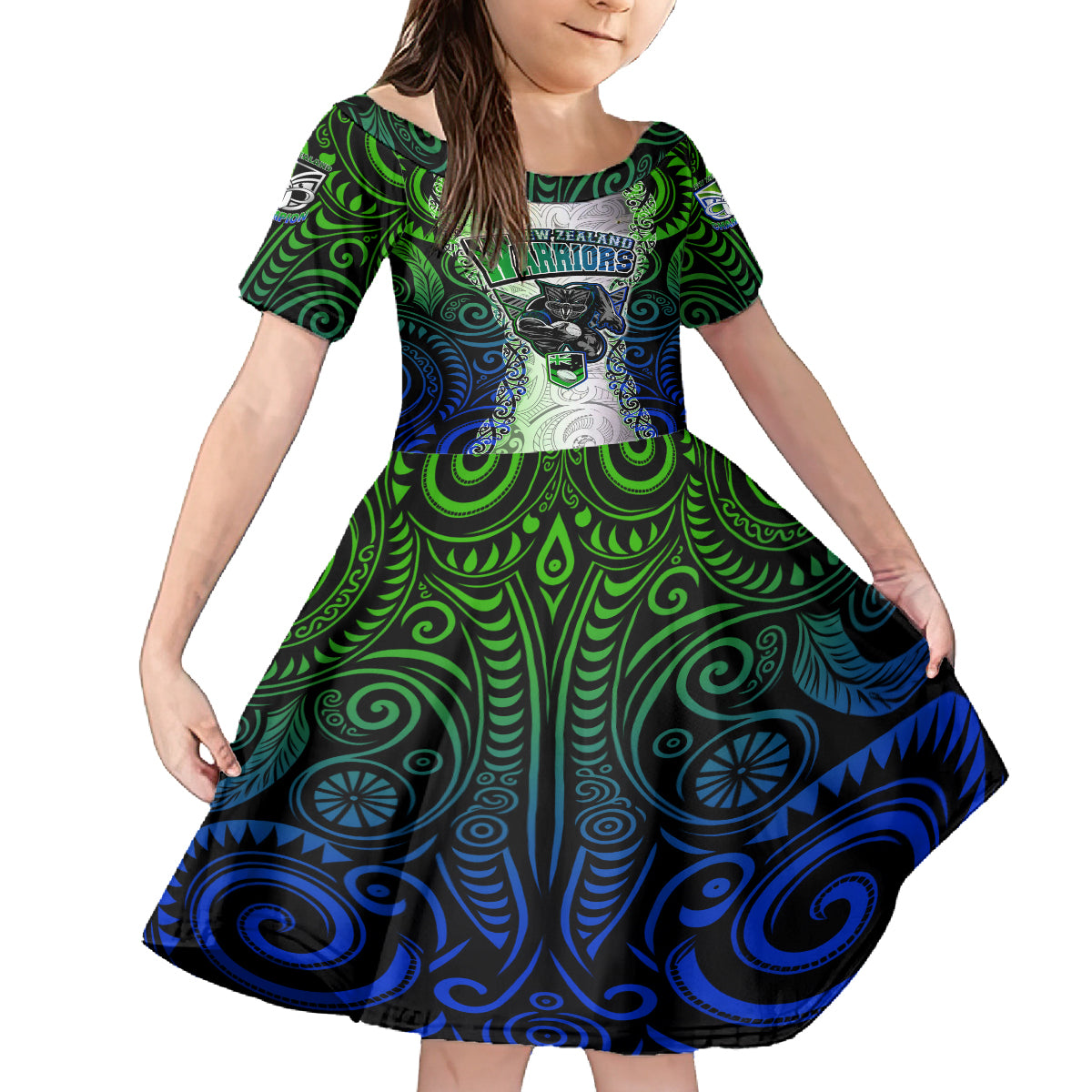Personalised New Zealand Warriors Family Matching Tank Maxi Dress and Hawaiian Shirt Maori Silver Fern Green DT02 Daughter's Dress Green - Polynesian Pride