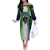 Personalised New Zealand Warriors Off The Shoulder Long Sleeve Dress Maori Silver Fern Green DT02 Women Green - Polynesian Pride