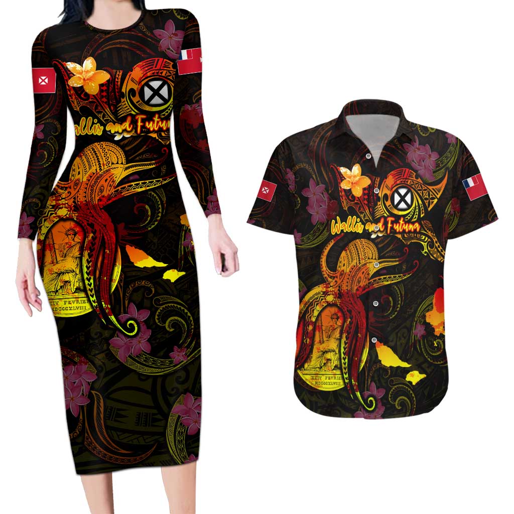 Wallis and Futuna Couples Matching Long Sleeve Bodycon Dress and Hawaiian Shirt Octopus Plumeria Polynesian Tattoo DT02 Black - Polynesian Pride