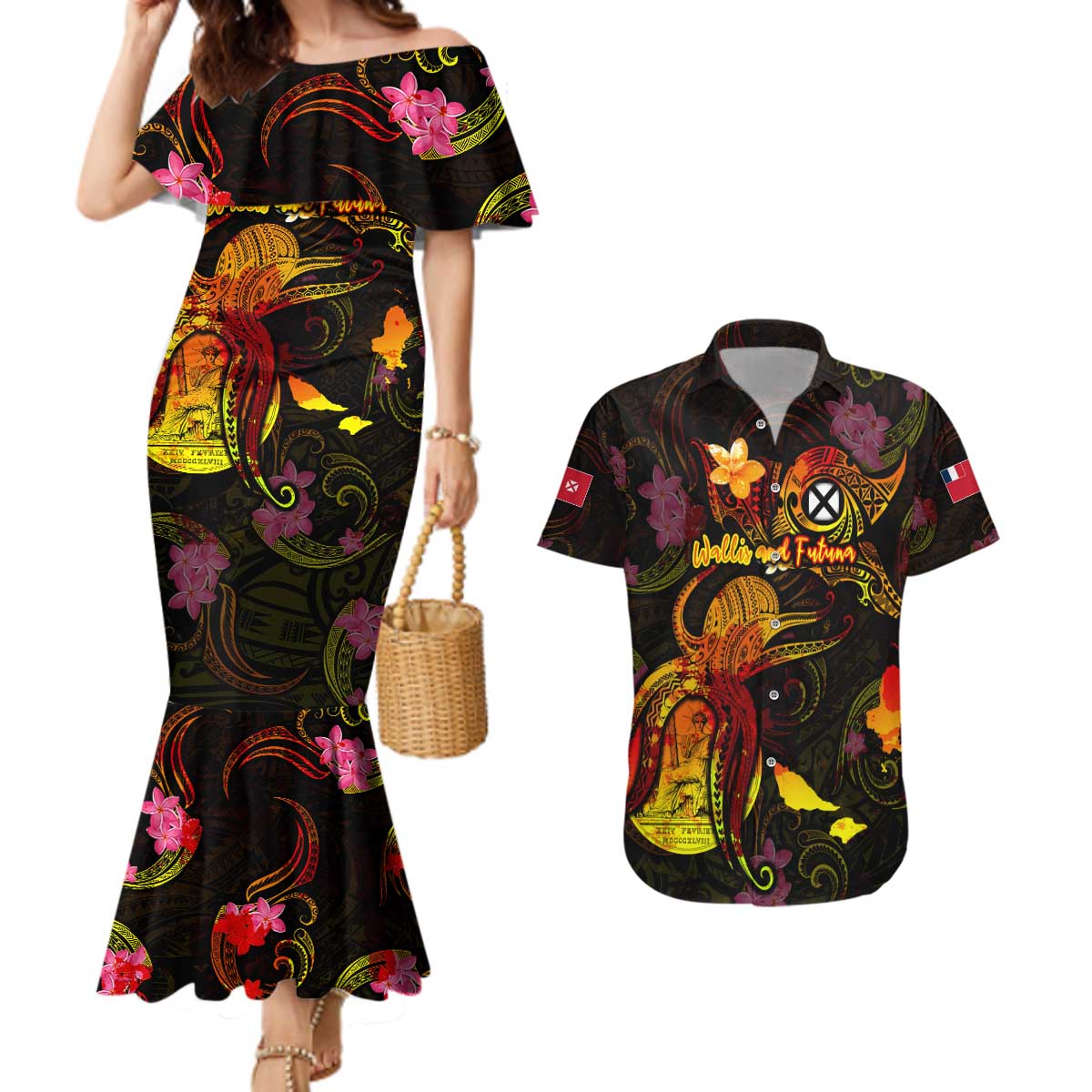 Wallis and Futuna Couples Matching Mermaid Dress and Hawaiian Shirt Octopus Plumeria Polynesian Tattoo DT02 Black - Polynesian Pride