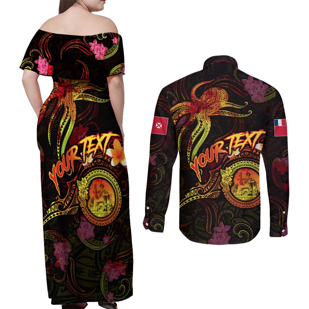 Wallis and Futuna Couples Matching Off Shoulder Maxi Dress and Long Sleeve Button Shirt Octopus Plumeria Polynesian Tattoo DT02 - Polynesian Pride