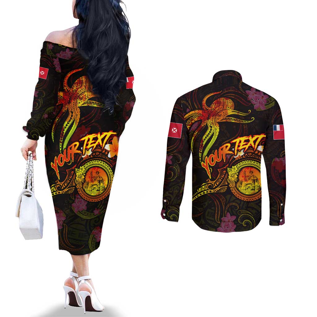 Wallis and Futuna Couples Matching Off The Shoulder Long Sleeve Dress and Long Sleeve Button Shirt Octopus Plumeria Polynesian Tattoo DT02 - Polynesian Pride