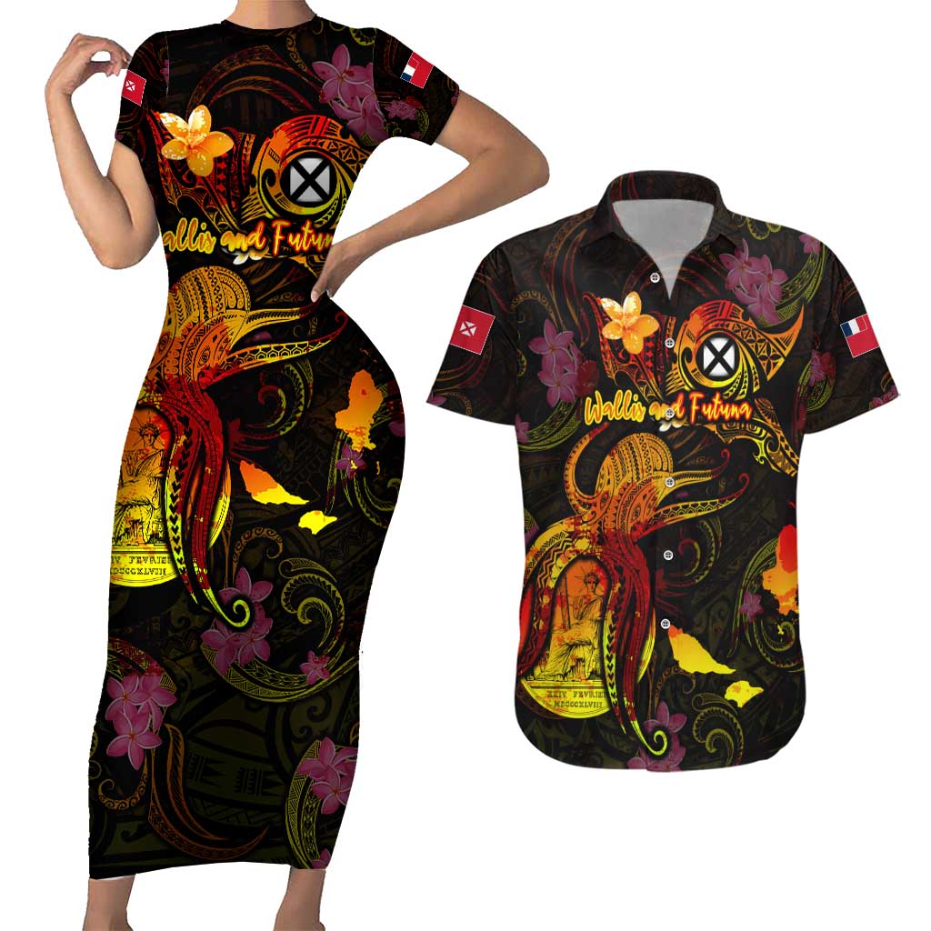 Wallis and Futuna Couples Matching Short Sleeve Bodycon Dress and Hawaiian Shirt Octopus Plumeria Polynesian Tattoo DT02 Black - Polynesian Pride