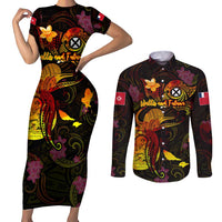 Wallis and Futuna Couples Matching Short Sleeve Bodycon Dress and Long Sleeve Button Shirt Octopus Plumeria Polynesian Tattoo DT02 Black - Polynesian Pride