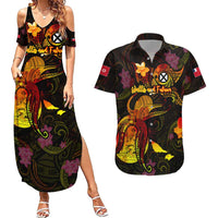 Wallis and Futuna Couples Matching Summer Maxi Dress and Hawaiian Shirt Octopus Plumeria Polynesian Tattoo DT02 Black - Polynesian Pride
