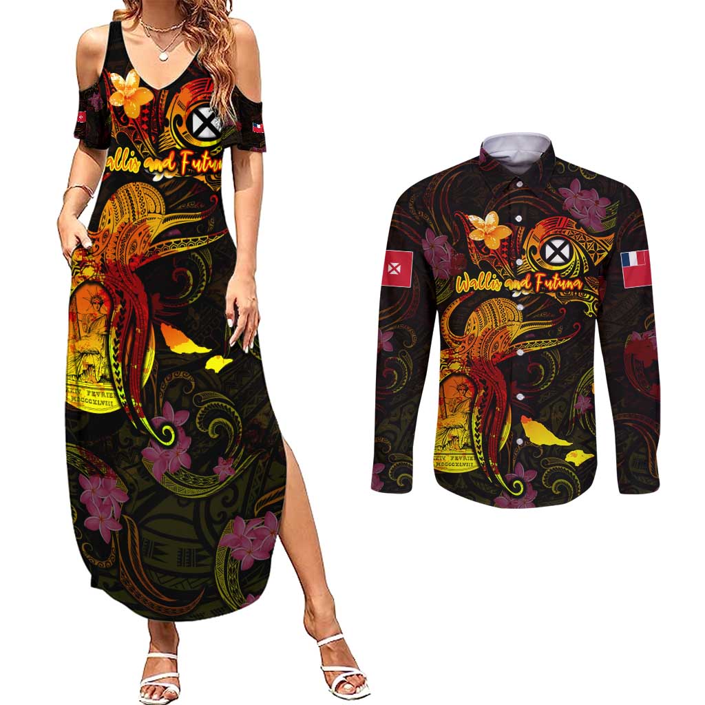 Wallis and Futuna Couples Matching Summer Maxi Dress and Long Sleeve Button Shirt Octopus Plumeria Polynesian Tattoo DT02 Black - Polynesian Pride