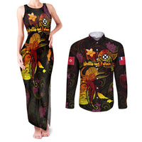 Wallis and Futuna Couples Matching Tank Maxi Dress and Long Sleeve Button Shirt Octopus Plumeria Polynesian Tattoo DT02 Black - Polynesian Pride