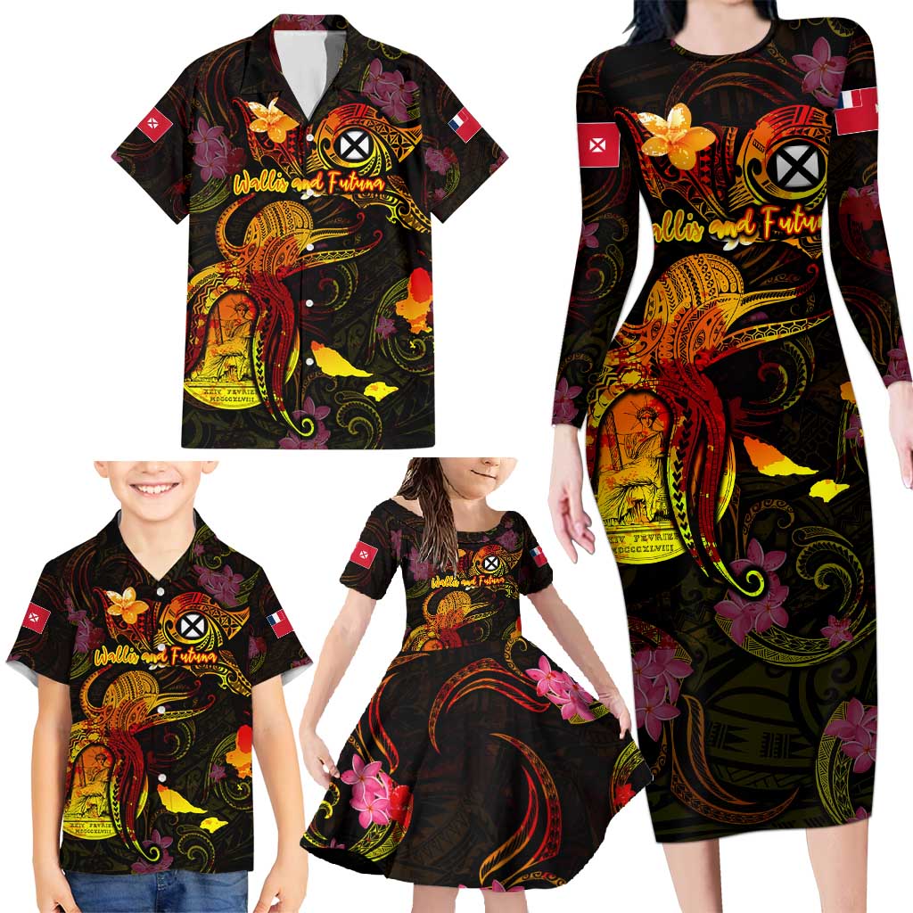 Wallis and Futuna Family Matching Long Sleeve Bodycon Dress and Hawaiian Shirt Octopus Plumeria Polynesian Tattoo DT02 - Polynesian Pride
