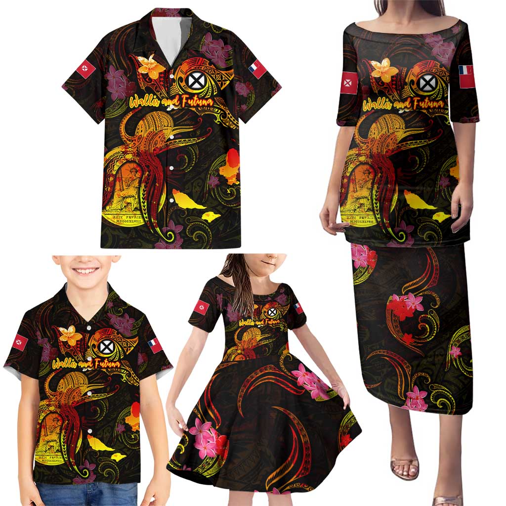 Wallis and Futuna Family Matching Puletasi and Hawaiian Shirt Octopus Plumeria Polynesian Tattoo