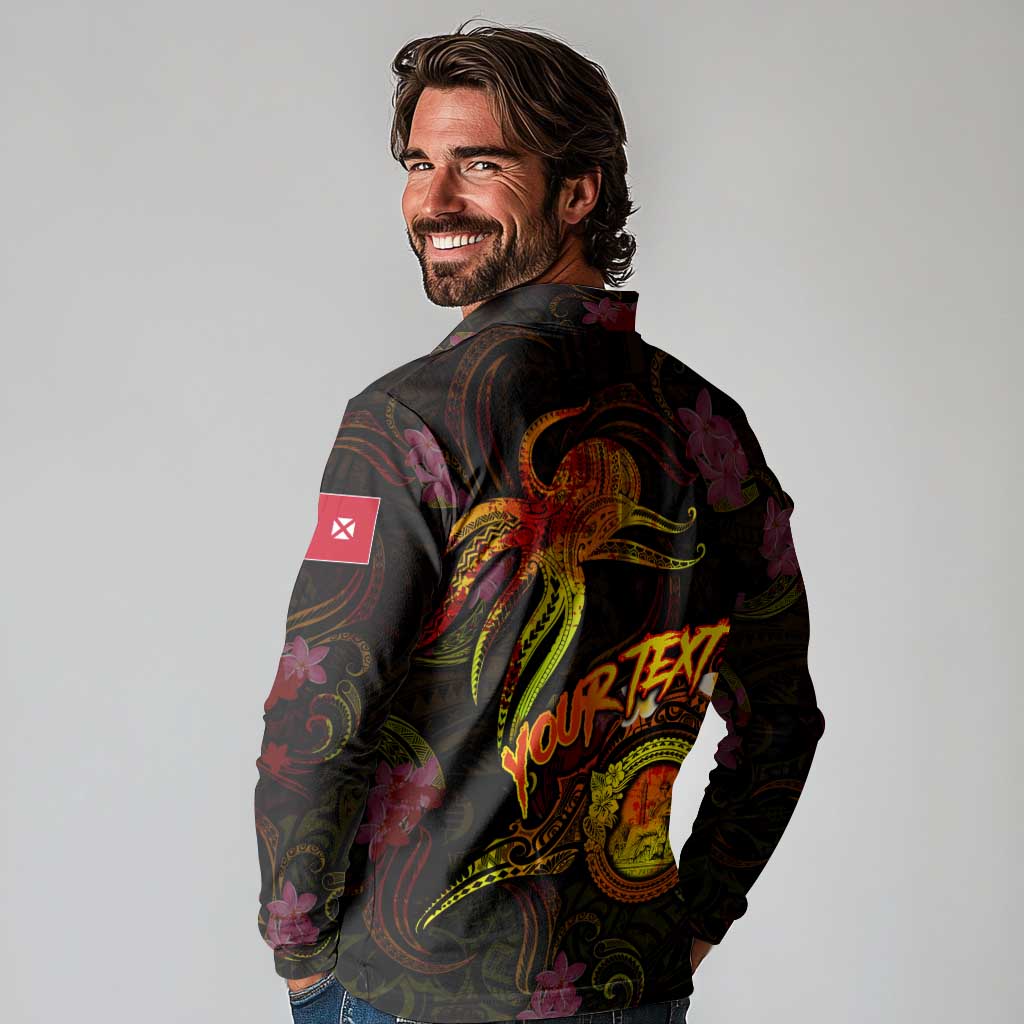 Wallis and Futuna Long Sleeve Polo Shirt Octopus Plumeria Polynesian Tattoo