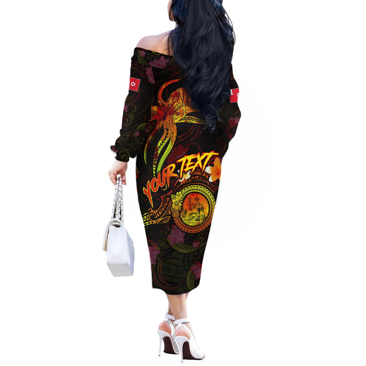 Wallis and Futuna Off The Shoulder Long Sleeve Dress Octopus Plumeria Polynesian Tattoo DT02 - Polynesian Pride