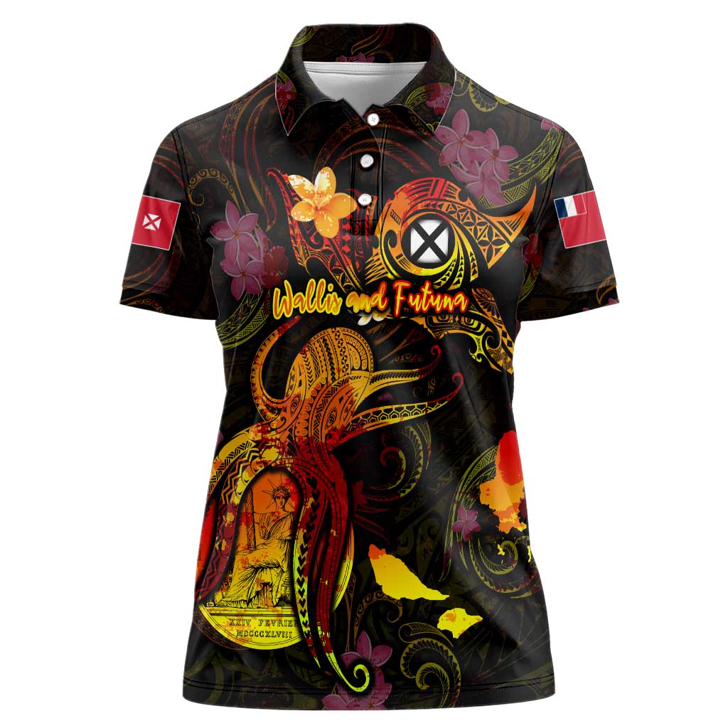 Wallis and Futuna Women Polo Shirt Octopus Plumeria Polynesian Tattoo DT02 Female Black - Polynesian Pride