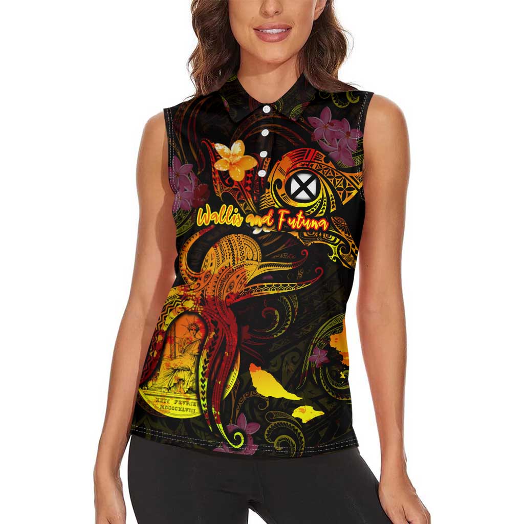 Wallis and Futuna Women Sleeveless Polo Shirt Octopus Plumeria Polynesian Tattoo DT02 - Polynesian Pride