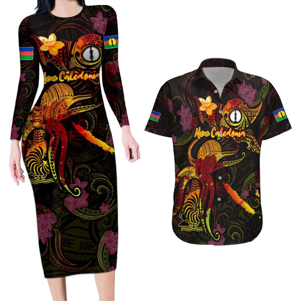 New Caledonia Couples Matching Long Sleeve Bodycon Dress and Hawaiian Shirt Octopus Plumeria Polynesian Tattoo DT02 Black - Polynesian Pride