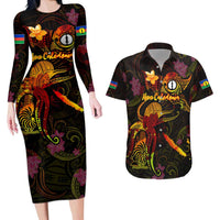New Caledonia Couples Matching Long Sleeve Bodycon Dress and Hawaiian Shirt Octopus Plumeria Polynesian Tattoo DT02 Black - Polynesian Pride