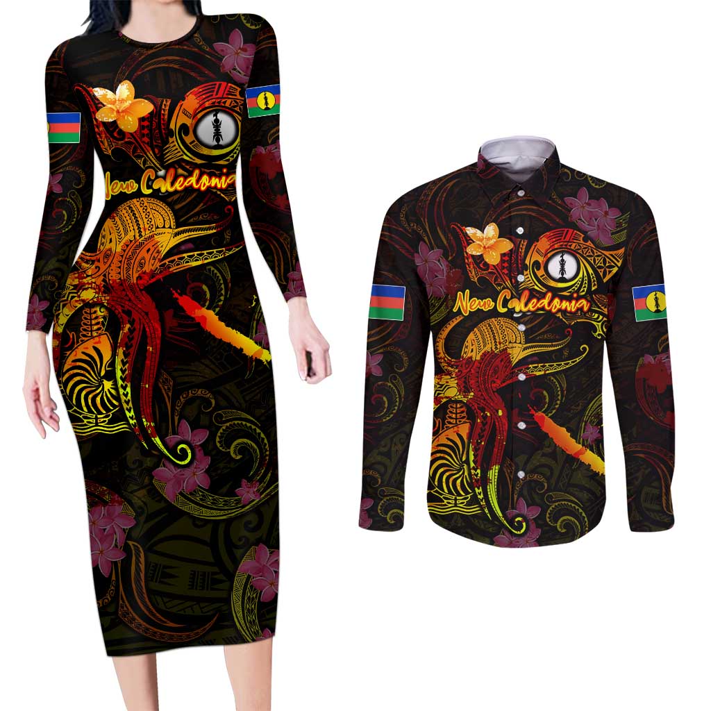 New Caledonia Couples Matching Long Sleeve Bodycon Dress and Long Sleeve Button Shirt Octopus Plumeria Polynesian Tattoo DT02 Black - Polynesian Pride