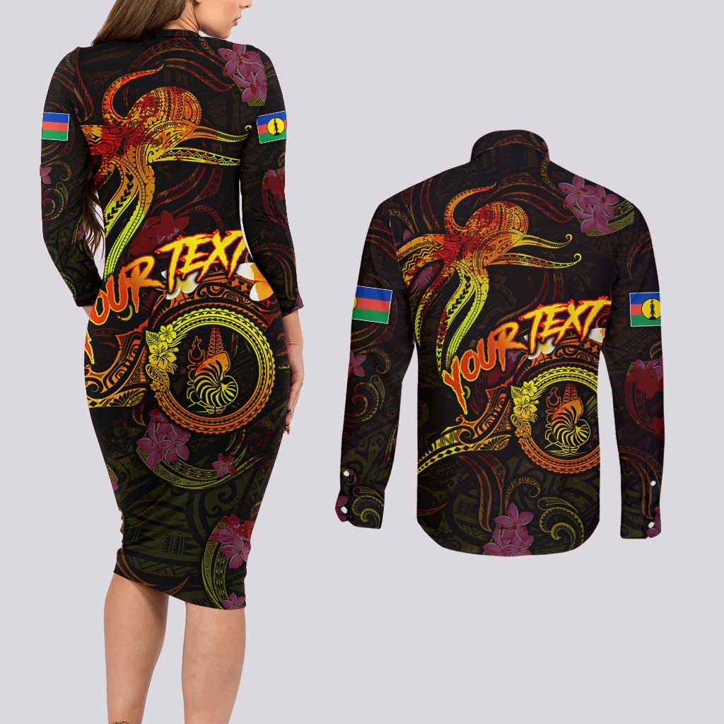 New Caledonia Couples Matching Long Sleeve Bodycon Dress and Long Sleeve Button Shirt Octopus Plumeria Polynesian Tattoo DT02 - Polynesian Pride