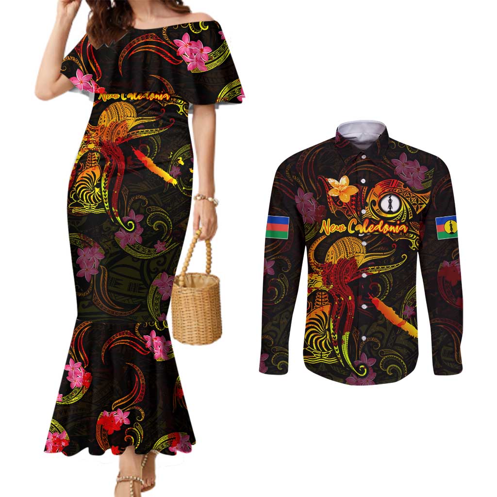 New Caledonia Couples Matching Mermaid Dress and Long Sleeve Button Shirt Octopus Plumeria Polynesian Tattoo DT02 Black - Polynesian Pride
