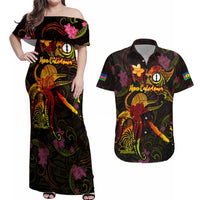 New Caledonia Couples Matching Off Shoulder Maxi Dress and Hawaiian Shirt Octopus Plumeria Polynesian Tattoo DT02 Black - Polynesian Pride