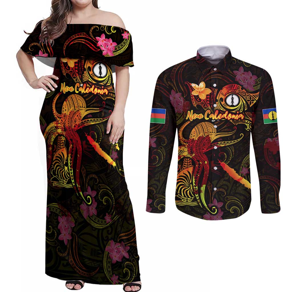 New Caledonia Couples Matching Off Shoulder Maxi Dress and Long Sleeve Button Shirt Octopus Plumeria Polynesian Tattoo DT02 Black - Polynesian Pride