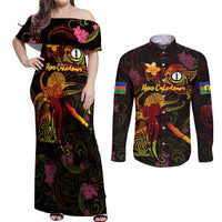New Caledonia Couples Matching Off Shoulder Maxi Dress and Long Sleeve Button Shirt Octopus Plumeria Polynesian Tattoo DT02 Black - Polynesian Pride