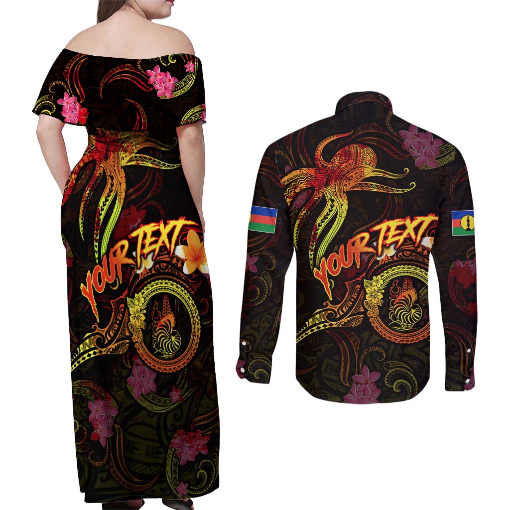 New Caledonia Couples Matching Off Shoulder Maxi Dress and Long Sleeve Button Shirt Octopus Plumeria Polynesian Tattoo DT02 - Polynesian Pride