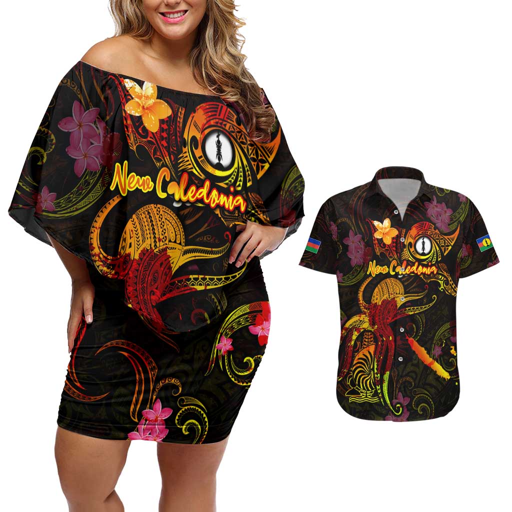 New Caledonia Couples Matching Off Shoulder Short Dress and Hawaiian Shirt Octopus Plumeria Polynesian Tattoo DT02 Black - Polynesian Pride