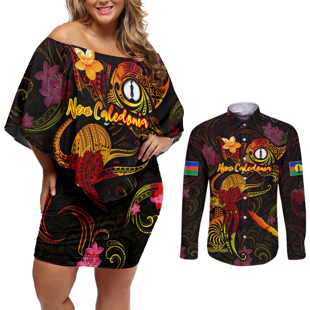 New Caledonia Couples Matching Off Shoulder Short Dress and Long Sleeve Button Shirt Octopus Plumeria Polynesian Tattoo DT02 Black - Polynesian Pride