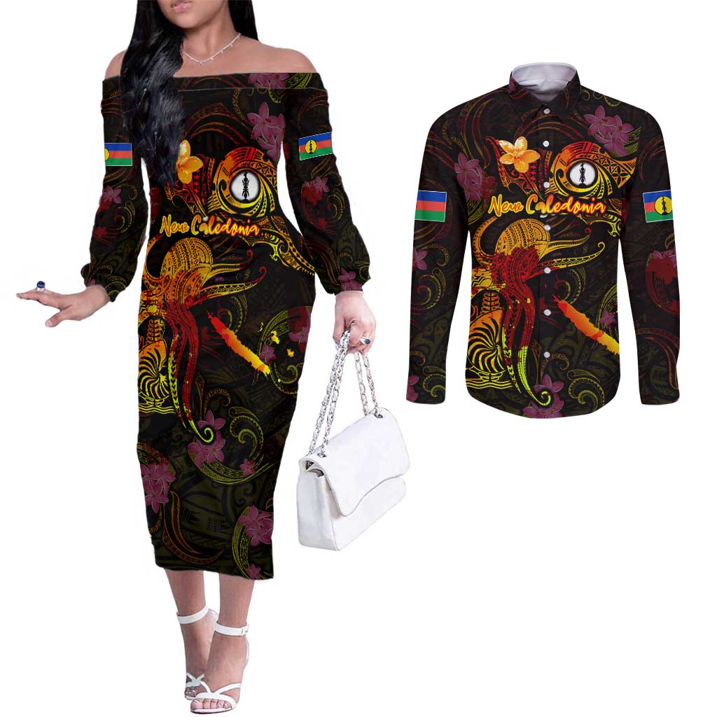New Caledonia Couples Matching Off The Shoulder Long Sleeve Dress and Long Sleeve Button Shirt Octopus Plumeria Polynesian Tattoo DT02 Black - Polynesian Pride
