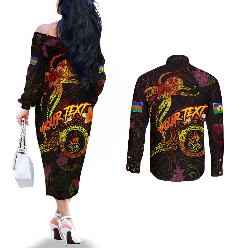 New Caledonia Couples Matching Off The Shoulder Long Sleeve Dress and Long Sleeve Button Shirt Octopus Plumeria Polynesian Tattoo DT02 - Polynesian Pride