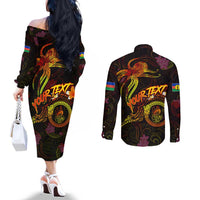 New Caledonia Couples Matching Off The Shoulder Long Sleeve Dress and Long Sleeve Button Shirt Octopus Plumeria Polynesian Tattoo DT02 - Polynesian Pride