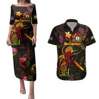 New Caledonia Couples Matching Puletasi and Hawaiian Shirt Octopus Plumeria Polynesian Tattoo DT02 Black - Polynesian Pride