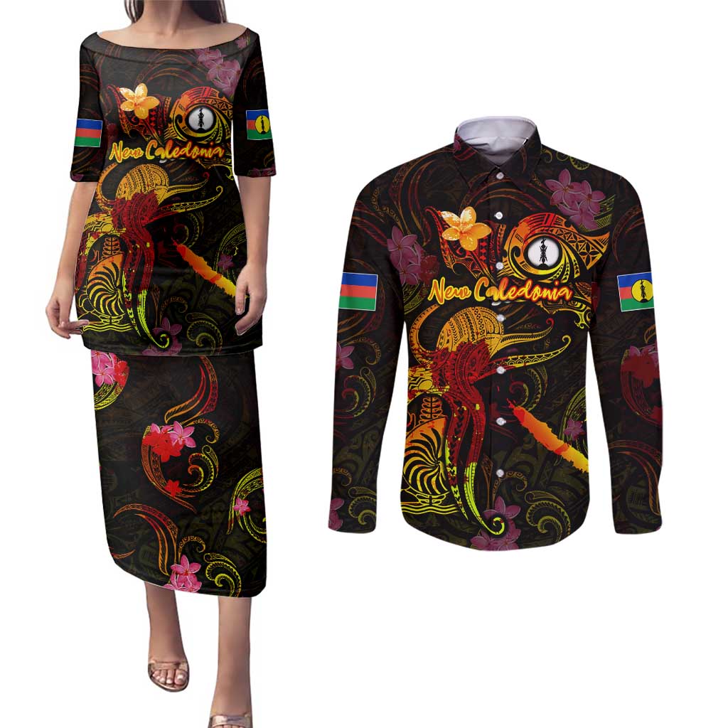 New Caledonia Couples Matching Puletasi and Long Sleeve Button Shirt Octopus Plumeria Polynesian Tattoo