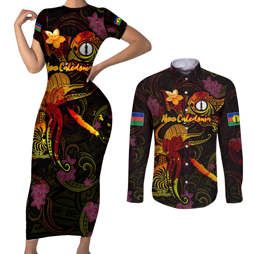 New Caledonia Couples Matching Short Sleeve Bodycon Dress and Long Sleeve Button Shirt Octopus Plumeria Polynesian Tattoo DT02 Black - Polynesian Pride