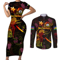 New Caledonia Couples Matching Short Sleeve Bodycon Dress and Long Sleeve Button Shirt Octopus Plumeria Polynesian Tattoo DT02 Black - Polynesian Pride