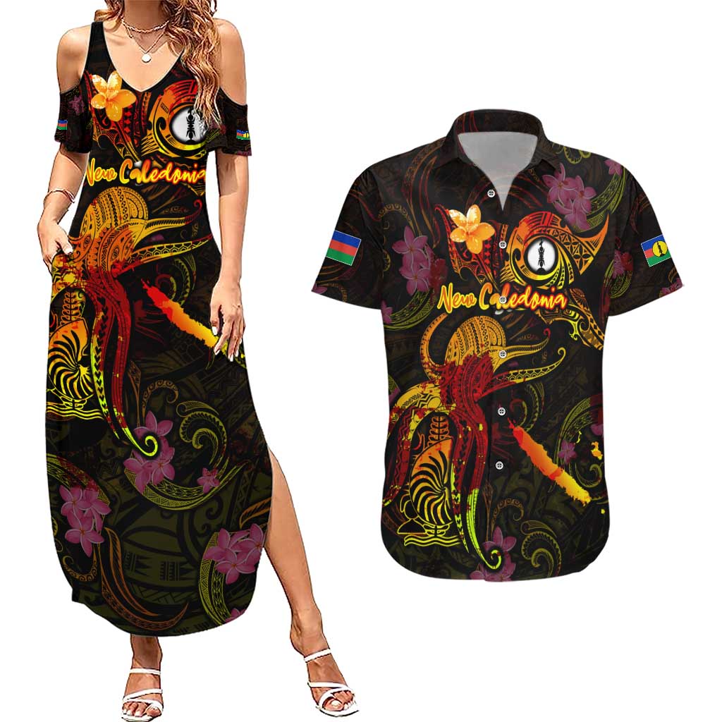 New Caledonia Couples Matching Summer Maxi Dress and Hawaiian Shirt Octopus Plumeria Polynesian Tattoo DT02 Black - Polynesian Pride