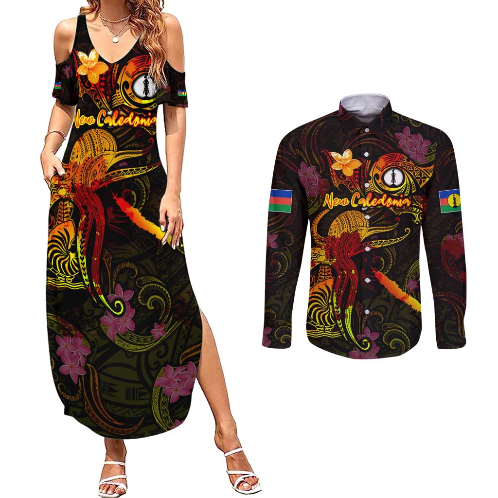 New Caledonia Couples Matching Summer Maxi Dress and Long Sleeve Button Shirt Octopus Plumeria Polynesian Tattoo DT02 Black - Polynesian Pride