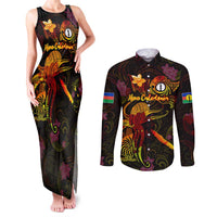 New Caledonia Couples Matching Tank Maxi Dress and Long Sleeve Button Shirt Octopus Plumeria Polynesian Tattoo DT02 Black - Polynesian Pride