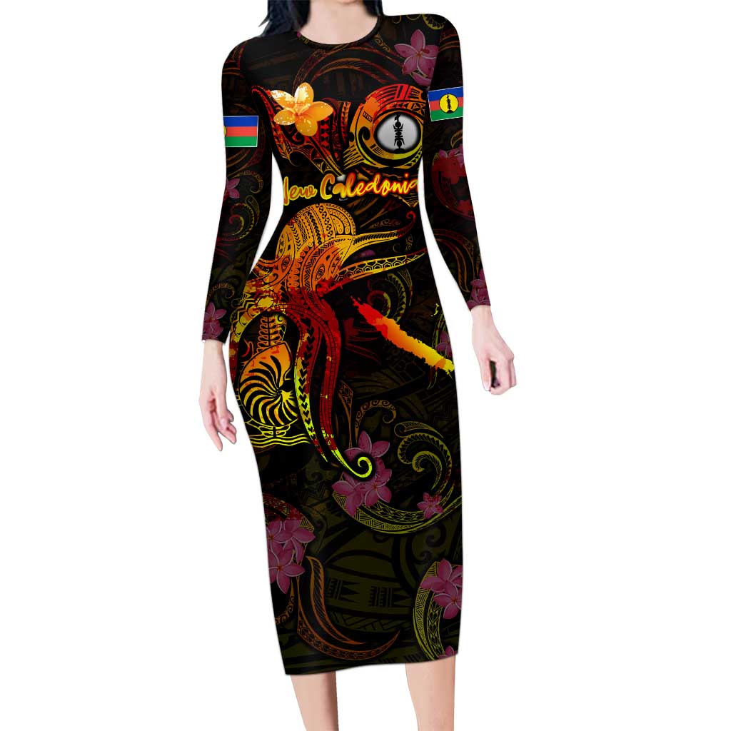New Caledonia Family Matching Long Sleeve Bodycon Dress and Hawaiian Shirt Octopus Plumeria Polynesian Tattoo DT02 Mom's Dress Black - Polynesian Pride
