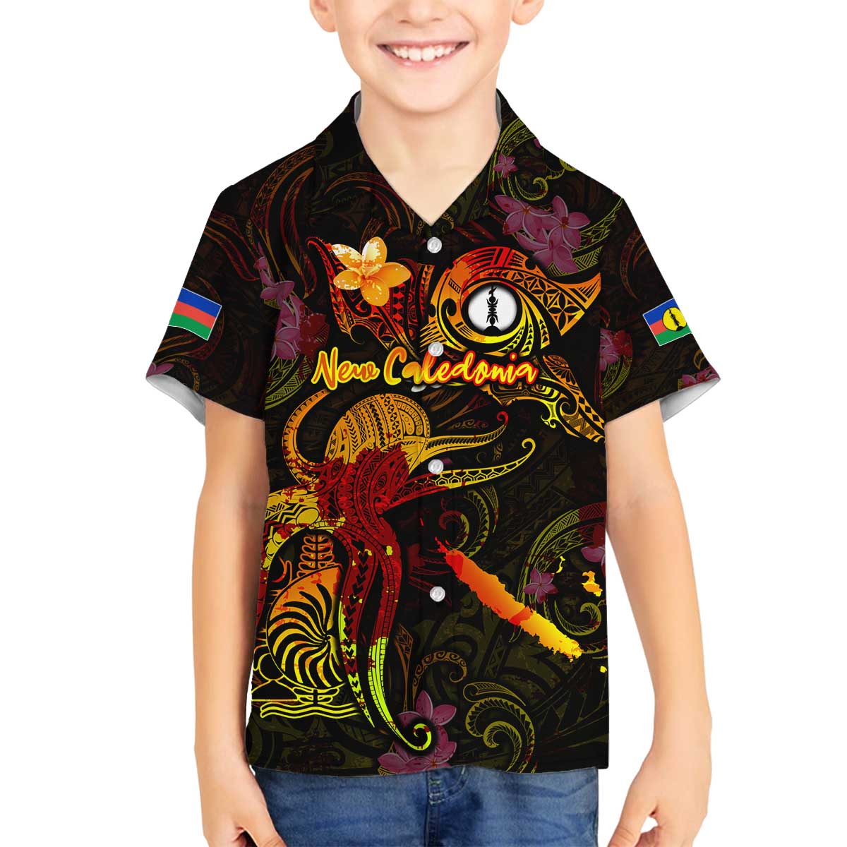New Caledonia Family Matching Off The Shoulder Long Sleeve Dress and Hawaiian Shirt Octopus Plumeria Polynesian Tattoo DT02 Son's Shirt Black - Polynesian Pride
