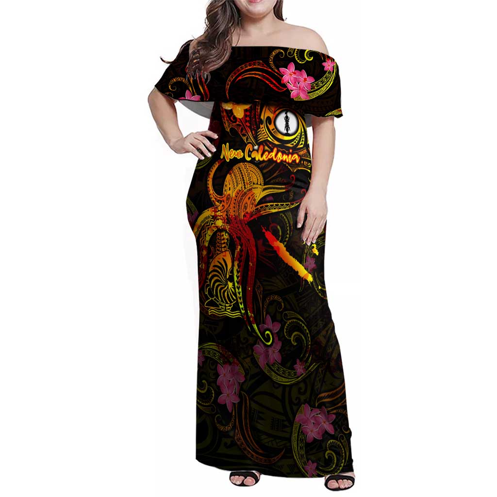 New Caledonia Family Matching Off Shoulder Maxi Dress and Hawaiian Shirt Octopus Plumeria Polynesian Tattoo DT02 Mom's Dress Black - Polynesian Pride