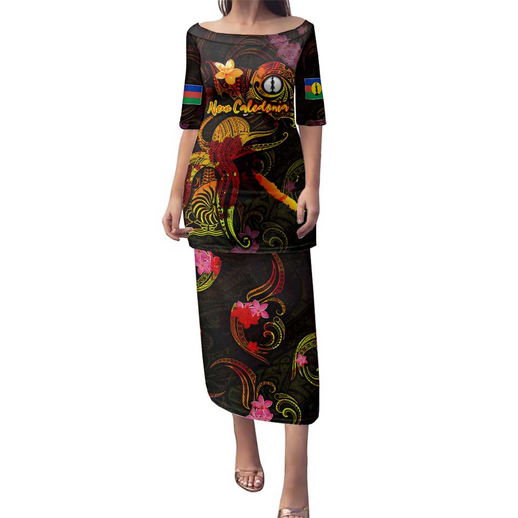 New Caledonia Family Matching Puletasi and Hawaiian Shirt Octopus Plumeria Polynesian Tattoo DT02 Mom's Dress Black - Polynesian Pride