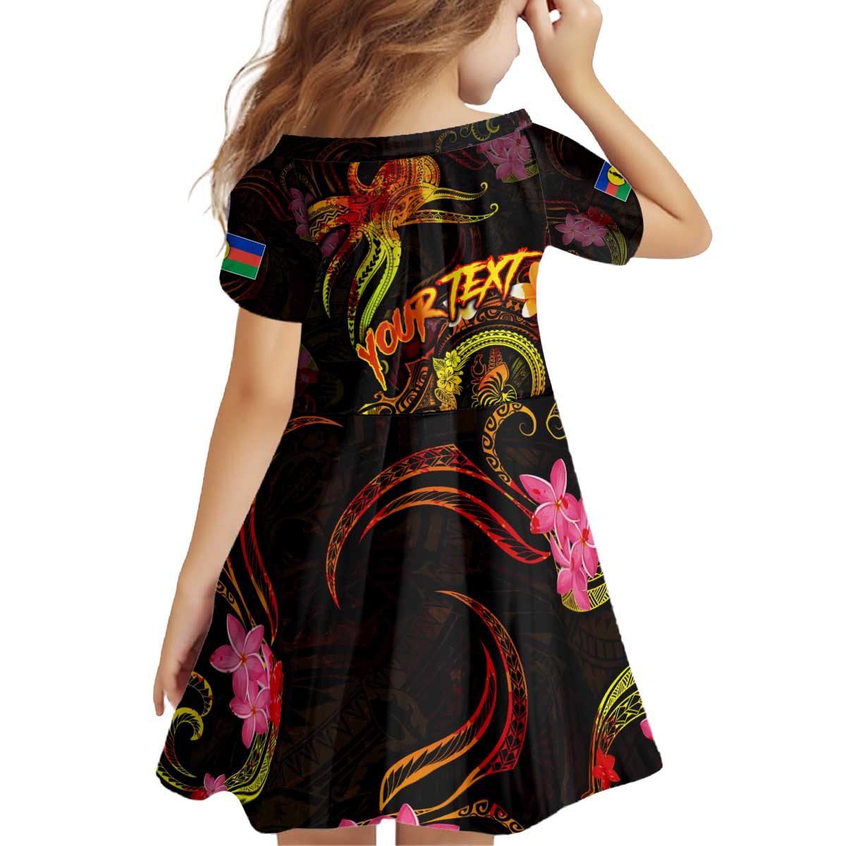 New Caledonia Kid Short Sleeve Dress Octopus Plumeria Polynesian Tattoo