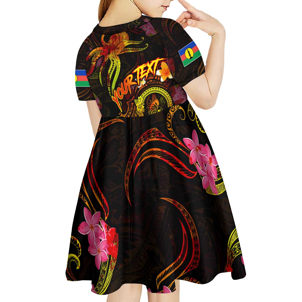 New Caledonia Kid Short Sleeve Dress Octopus Plumeria Polynesian Tattoo
