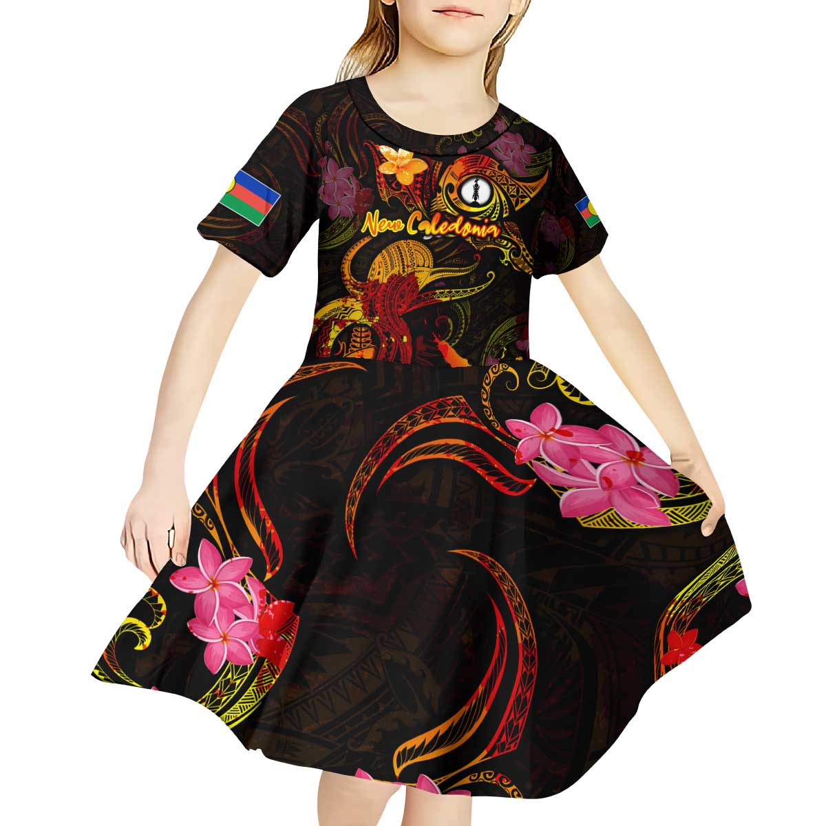 New Caledonia Kid Short Sleeve Dress Octopus Plumeria Polynesian Tattoo