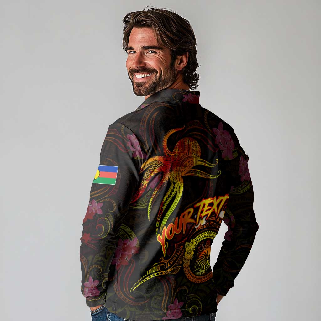 New Caledonia Long Sleeve Polo Shirt Octopus Plumeria Polynesian Tattoo