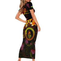 New Caledonia Short Sleeve Bodycon Dress Octopus Plumeria Polynesian Tattoo